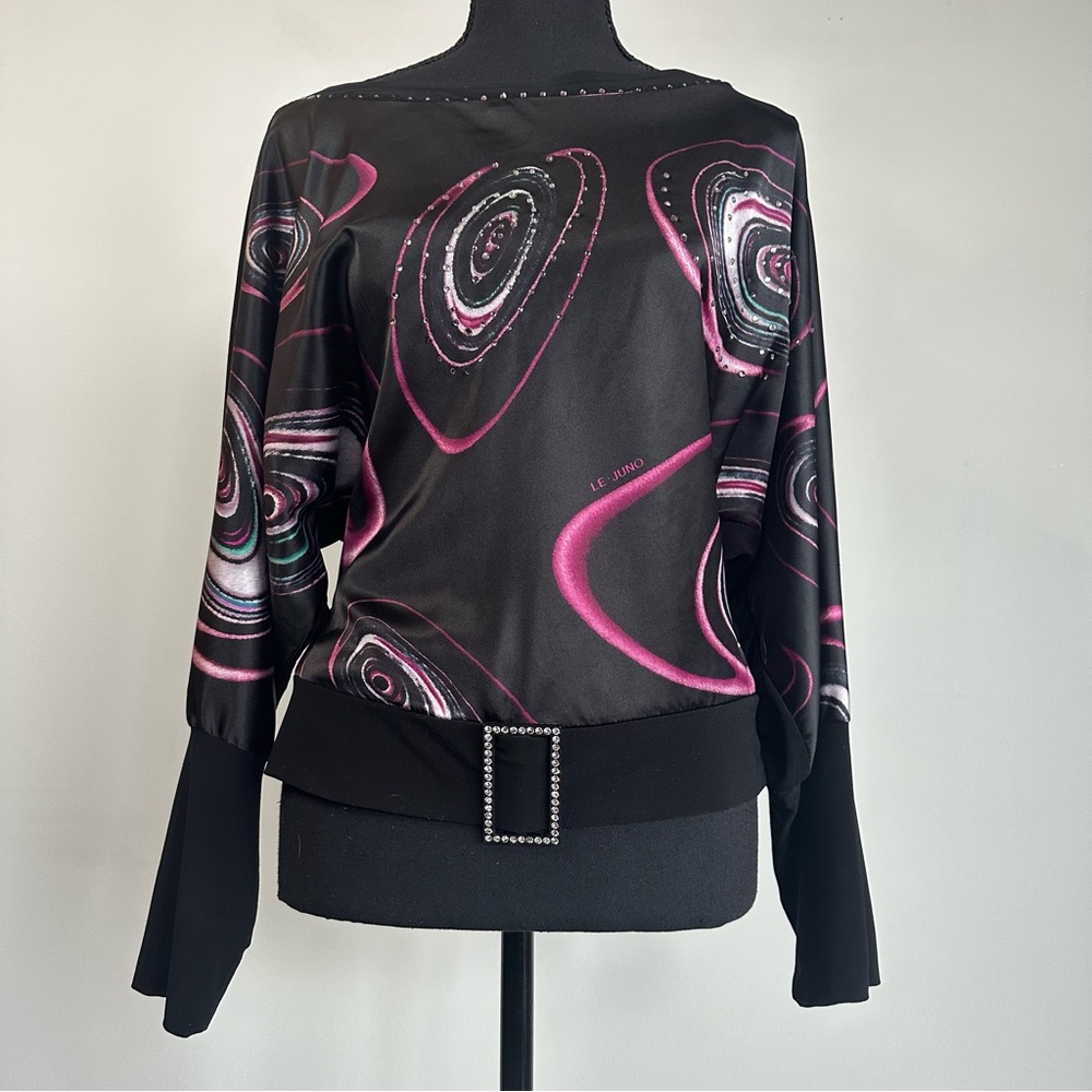 Y2K Black Satin Blouse with Rhinestone Embellishments & Statement Buckle